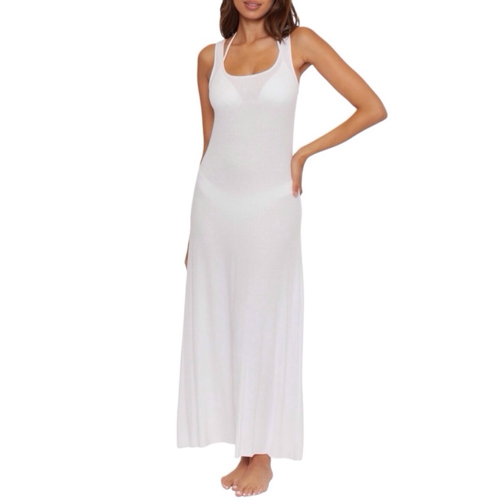 Becca White Mykonos Ribbed Tank Style Maxi Dress Beach Cover Up Size Small